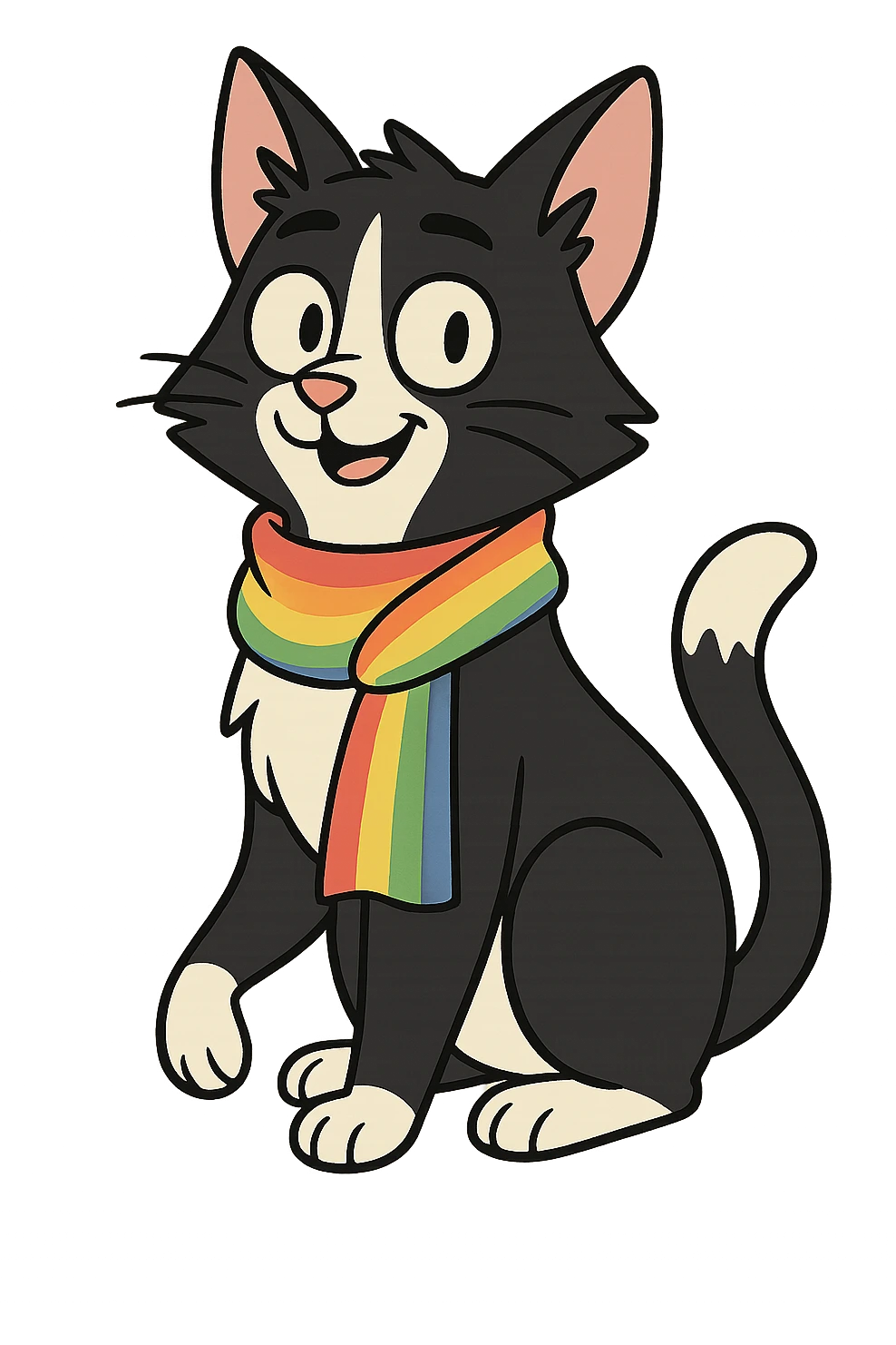 black and white cat with an LGBT flag scarf, cartoon style emoji