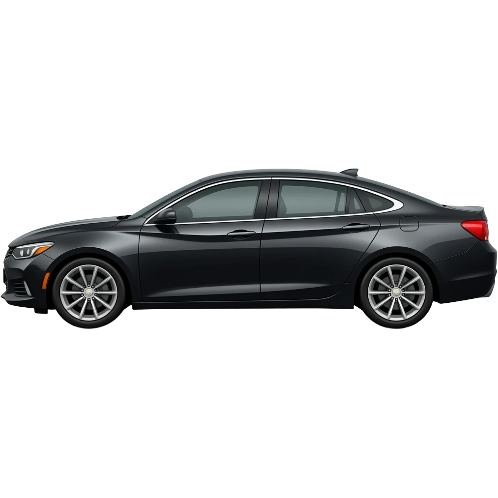 A realistic, high-detail photograph of a glossy black Chevrolet Malibu 2 Turbo Premier sedan with tinted windows and black alloy rims. emoji
