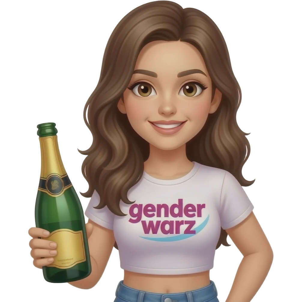 Create a cute girl with a bottle in hand like champagne and a crop top that says gender warz bottle girl vibes emoji