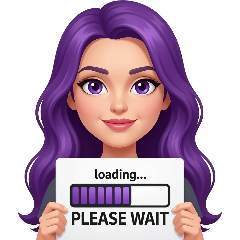 sexy girl with long purple hair and purple eyes holding a SARCASTIC comment loading... PLEASE WAIT sign emoji