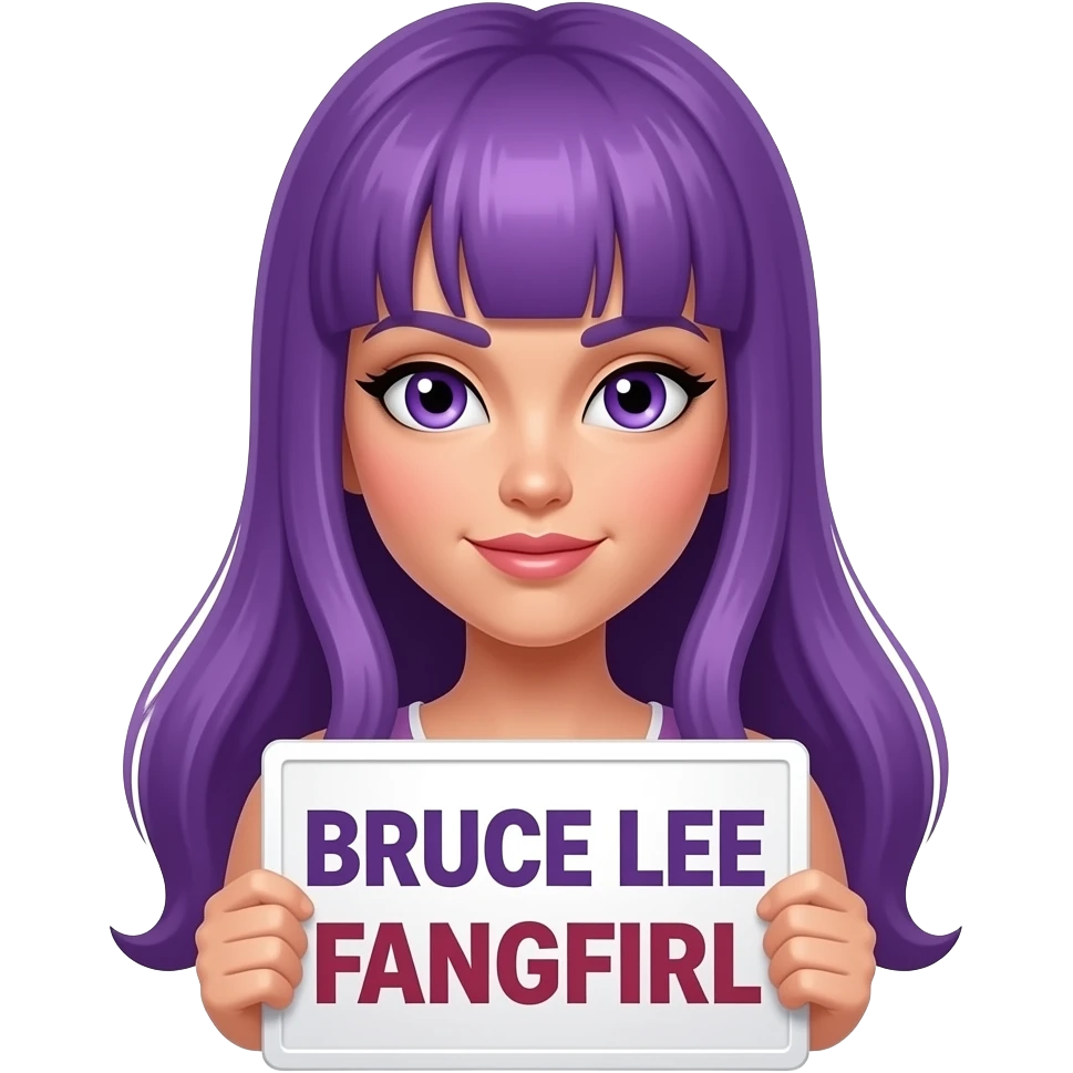 sexy girl with long purple hair and purple eyes holding BRUCE LEE FANGIRL sign emoji