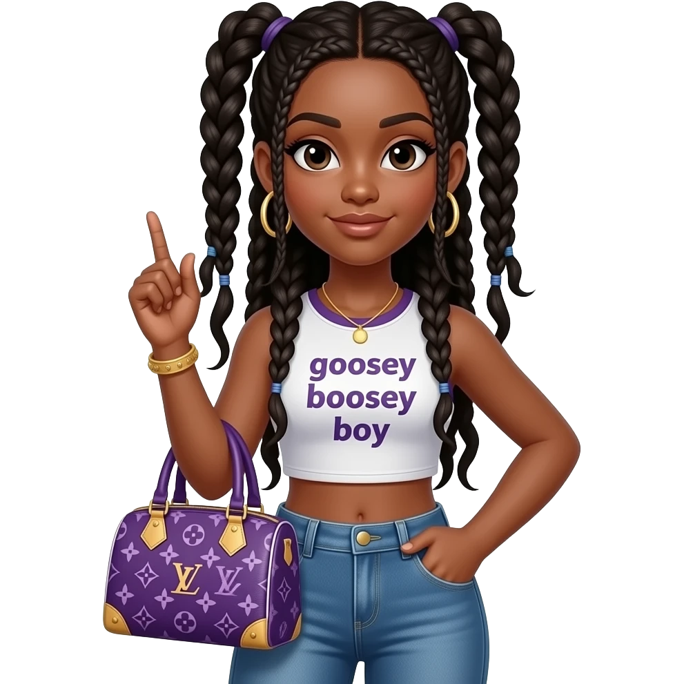 Black 13-year-old girl with BoHo braids, sassy with a purple Louis Vuitton bag a crop top that says goosey boosey boy 🏇big hoop earrings that are gold and cute jeans that are tight emoji