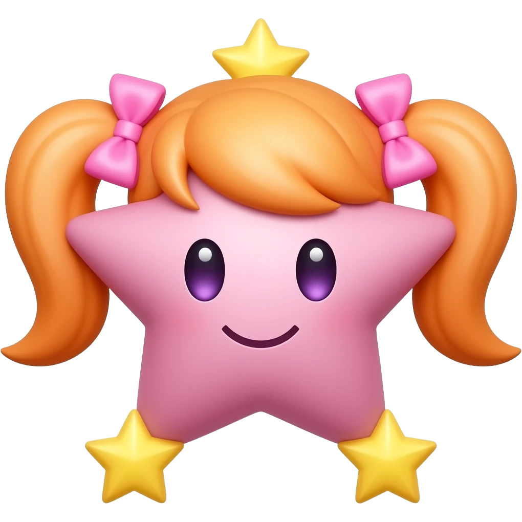 a pink star with orange pigtails tied with pink bows with yellow stars on the ends emoji