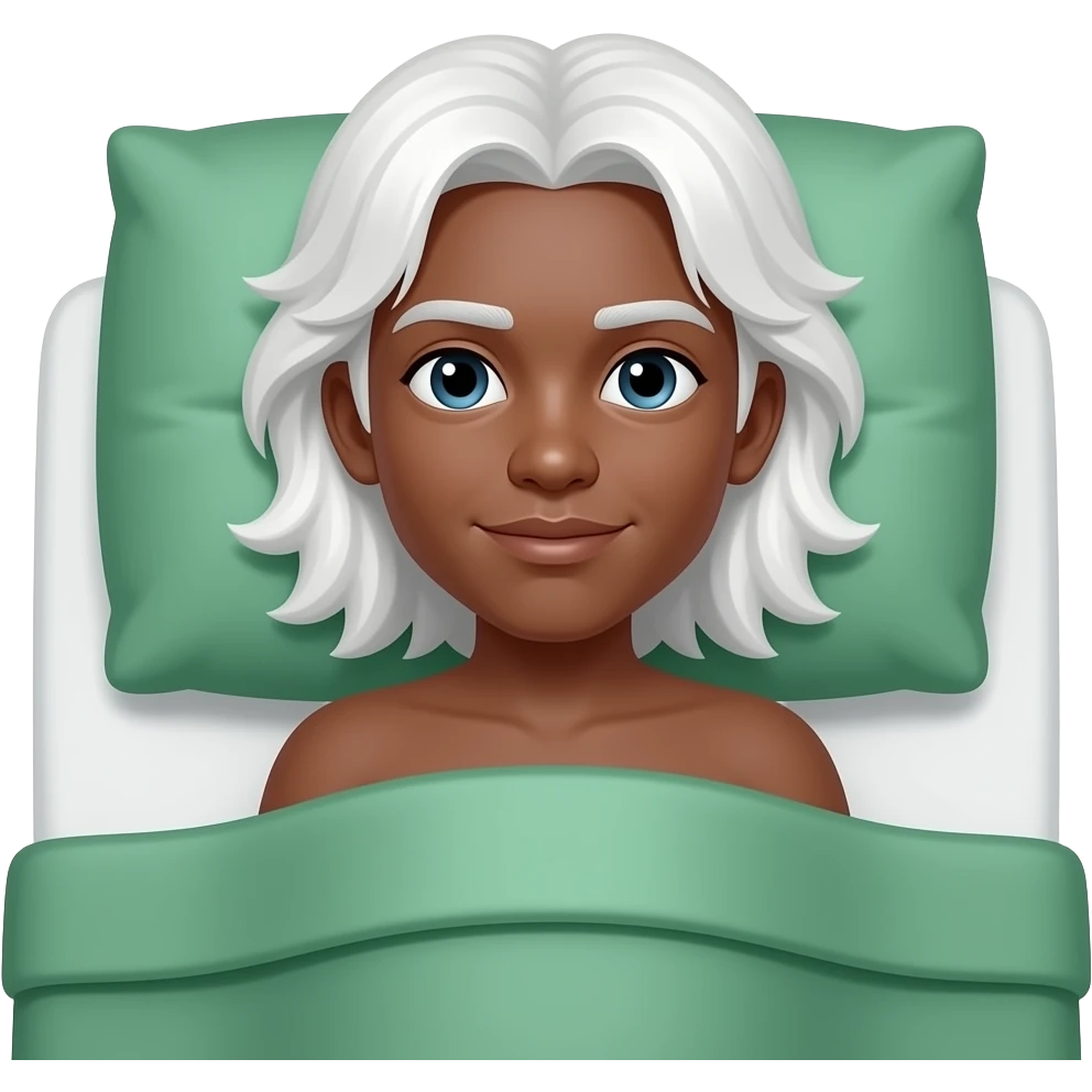 Really long white hair past the shoulders, Darker toned, clean-shaven young man with long white hair covered in like green duvet in bed emoji