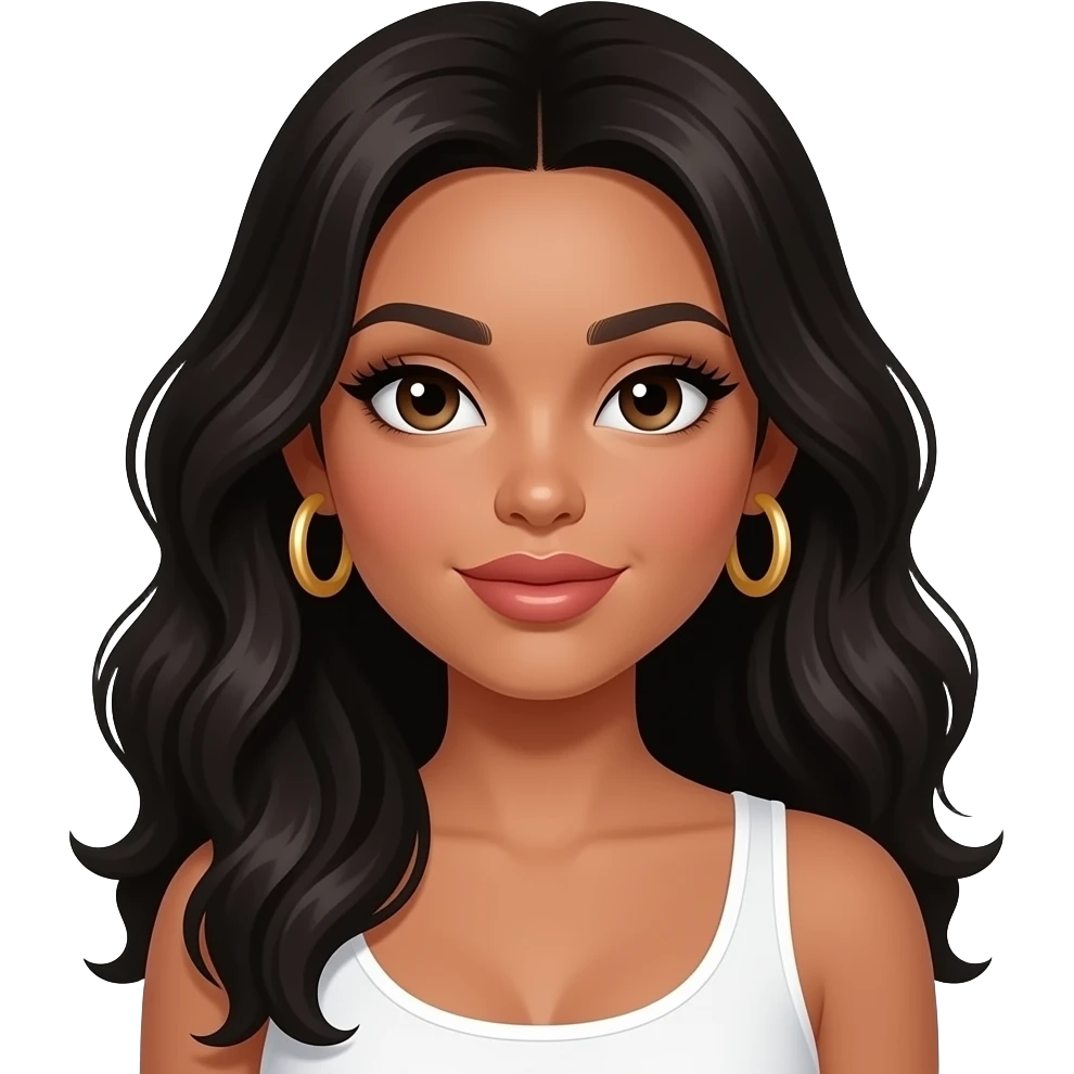 light brown skin tone, very beautiful woman, with big plump lips, long long lashes, black wavy long hair, brown eyes, white tank top, gold hoop earrings emoji