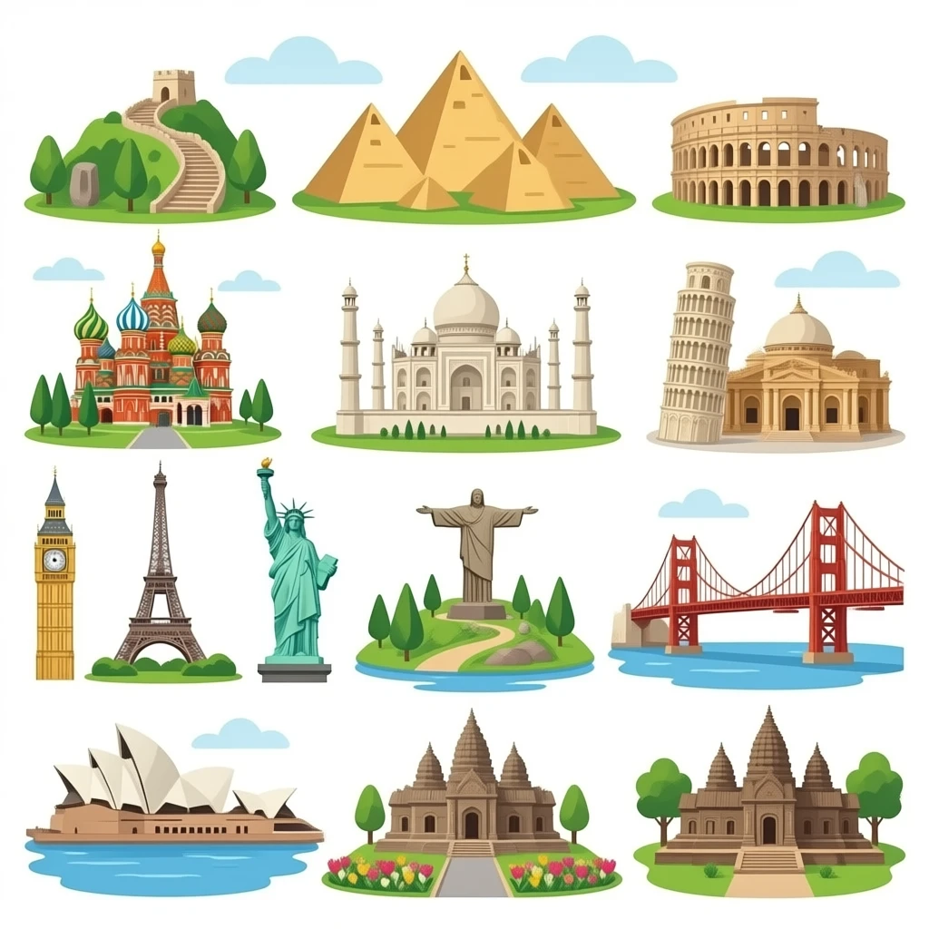 18: Pyramids, Great Wall, colosseum, Stonehenge, st. Basil’s cathedral, Taj Mahal, leaning tower of pisa, Big Ben, Eiffel Tower, Statue of Liberty, Machu Picchu, Cristo redentor, hagia Sophia, Golden Gate Bridge, Sydney opera house, keukenhof park, Angkor wat, and terracotta army emoji