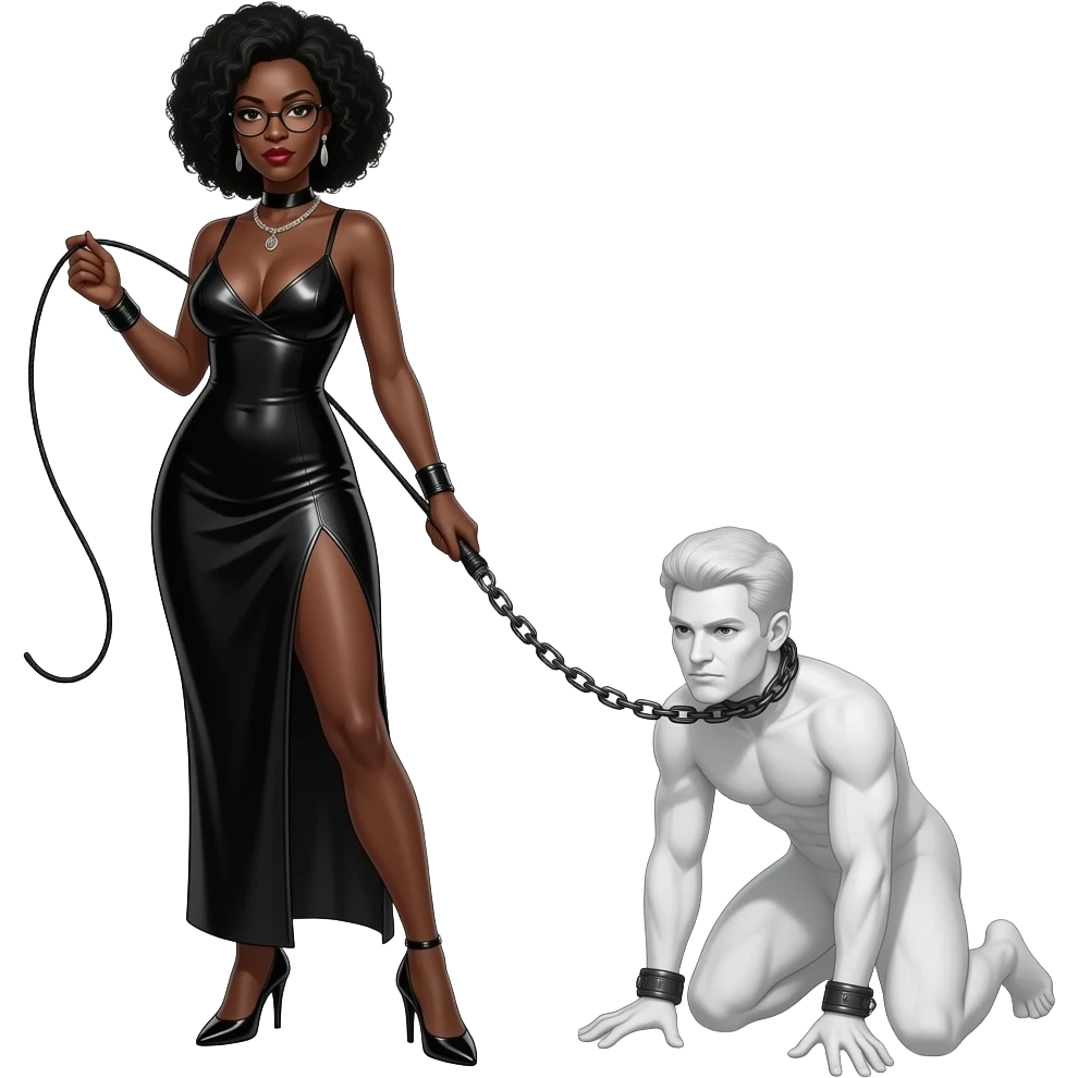 africaine dominatrice tres mince et tres  noire visage 50 ans fin lunettes debout robe decolletee profond fluide fendue  une jambe nue passant dans la fente fouet souple dans la main chaine dans la main droite droite talons aiguilles debout  homme blanc nu masque prosterné chaine au cou emoji