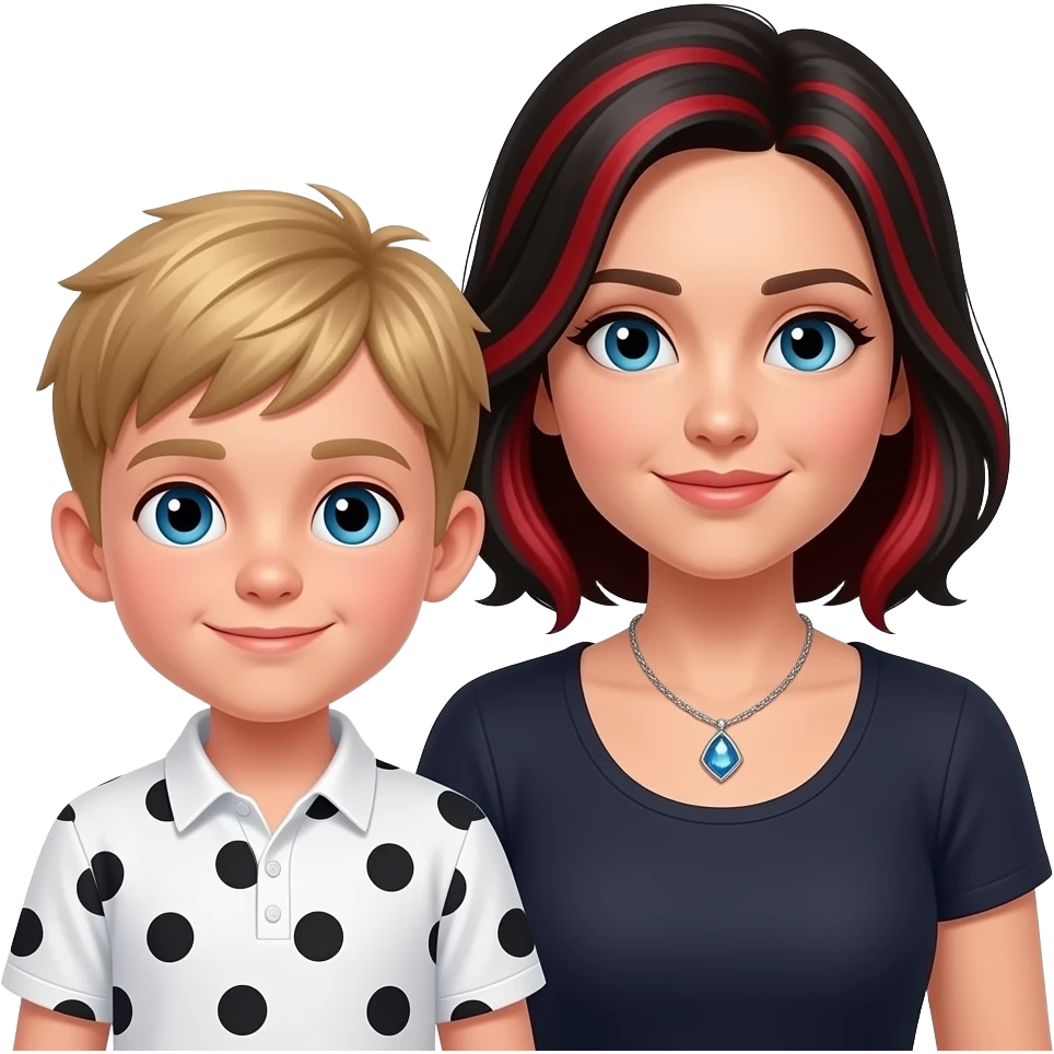 8 year old boy with blond hair and white shirt with black dots on shirt and mother sitting next to him mother is 38 and with black hair mixed with red hair and mom has a beautiful necklace with a shiny gem on it emoji