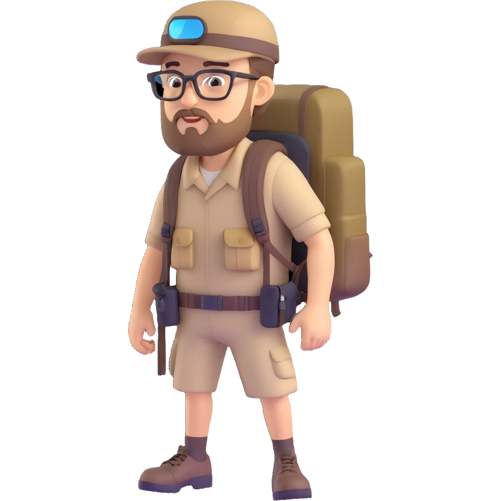 adventurer with goatee beard (no beard on cheeks), short hair, glasses, backwards military tan cap and backpack emoji