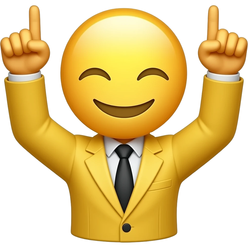 Emojis jaune blazer avec les deux bras levés vers le ciel, les index pointés vers le haut, les yeux fermé, fond blanc, style emoji de blazer , avec l’emoji que la tête et pas de corp emoji