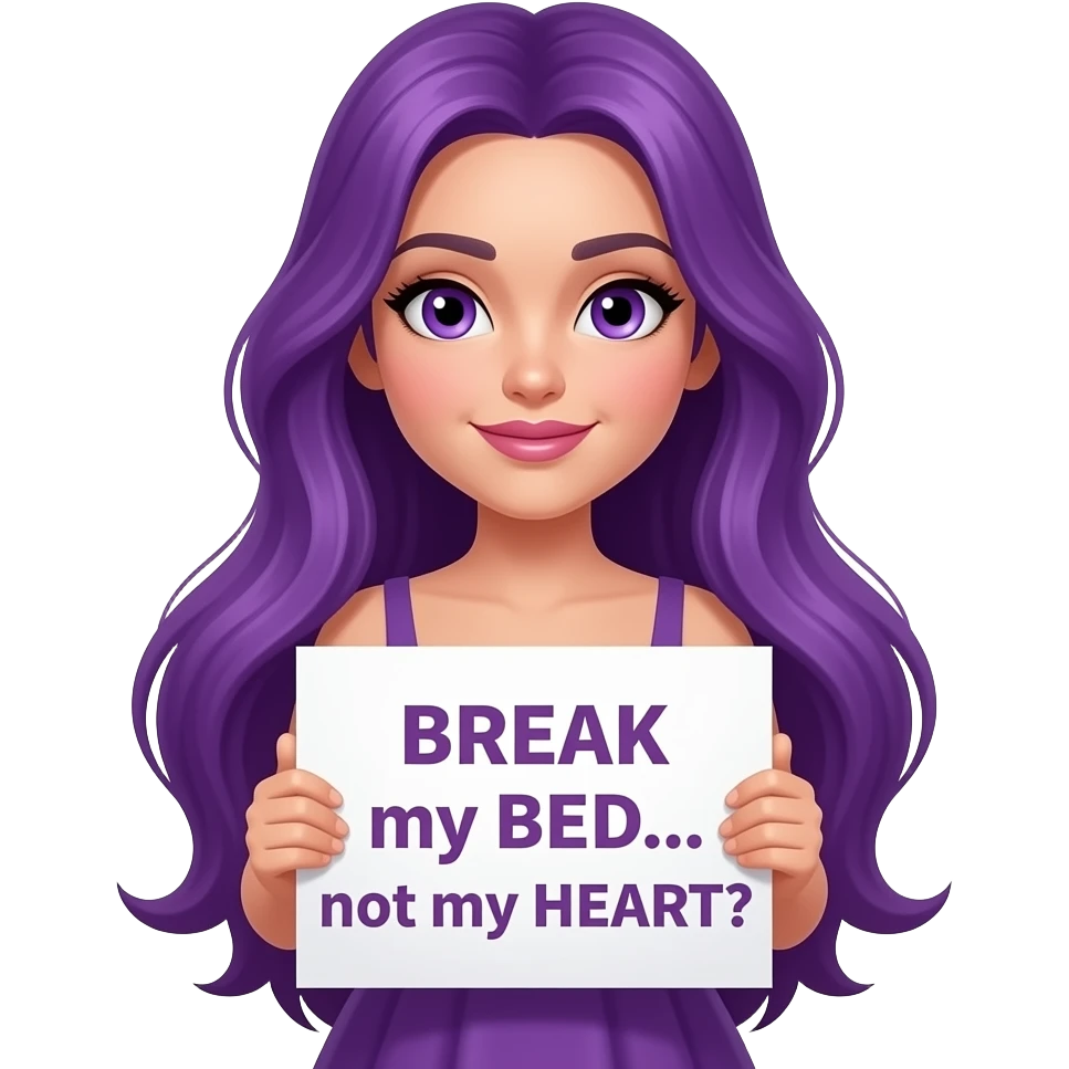 sexy girl with long purple hair and purple eyes wearing a dress holding a BREAK my BED... not my HEART sign emoji