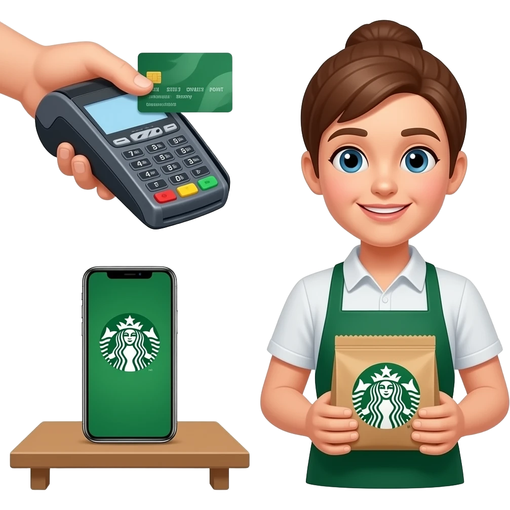 Please show hands of customer left hand they should be paying with their card on POS SYSTEM , have their phone on the table with the starbucks loyalty point and the cahsier should be handing them a pastry in a starbucks packaging emoji