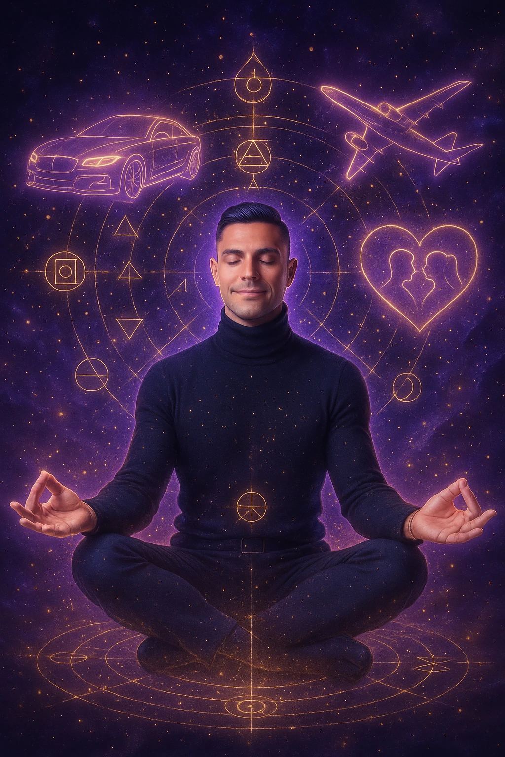 "Un uomo in meditazione fluttuante nello spazio cosmico, circondato da particelle dorate e simboli alchemici. Intorno a lui, oggetti e situazioni dei suoi desideri (auto, viaggi, amore) si materializzano come ologrammi luminosi. Stile cyber-mistico, colori viola e oro." emoji
