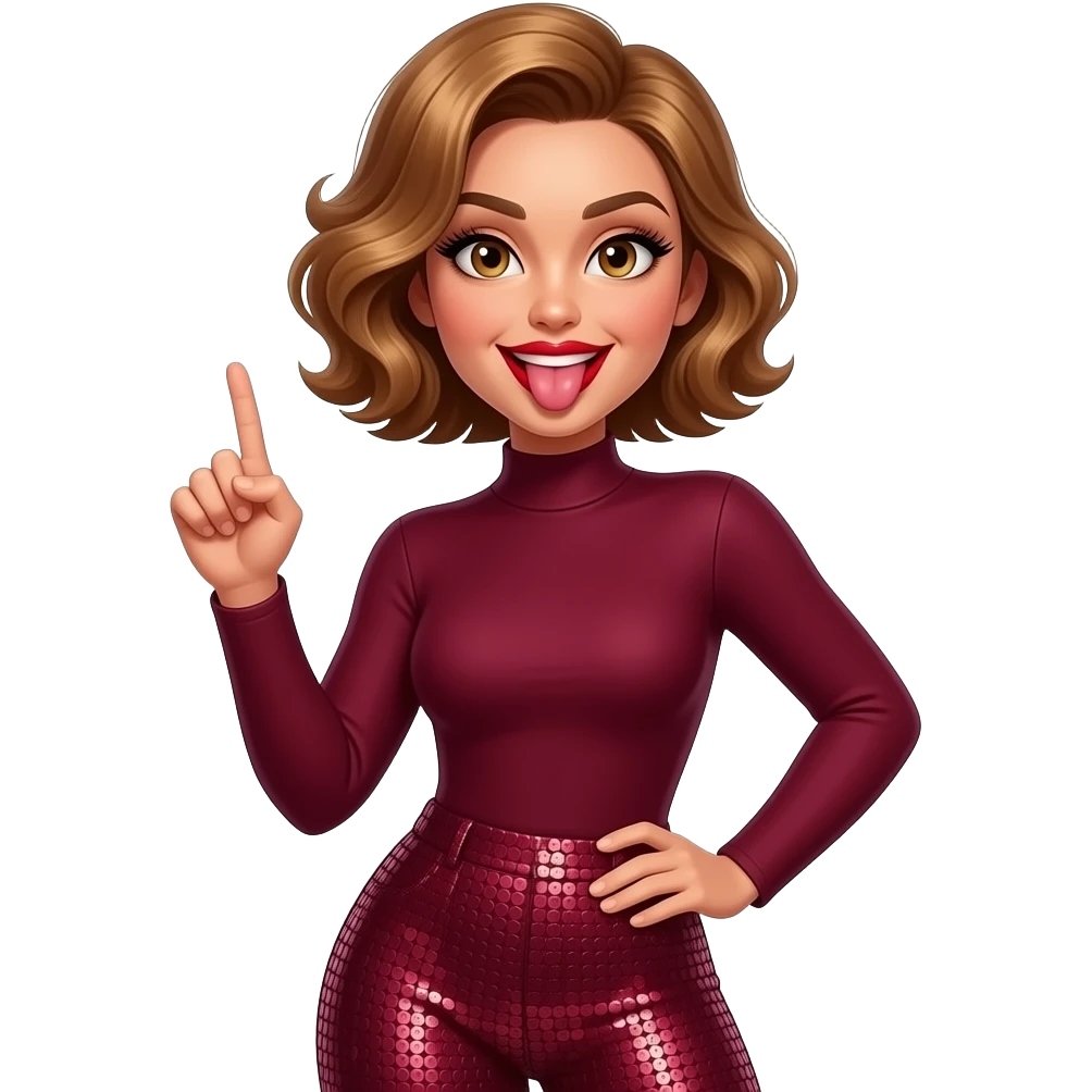 glamours,-tanned,-very-beautiful-woman-with-big-plump-red-lips,-long-lashes,-honey-silky-very short- hair,-wavy-hair,-hazel-eyes- wearing-Burgundy-Long-sleeved-bodysuit-Burgundy- sequinned-pants-Her-eyes-sparkle,-sticking-tongue-out,-middle-finger-up emoji