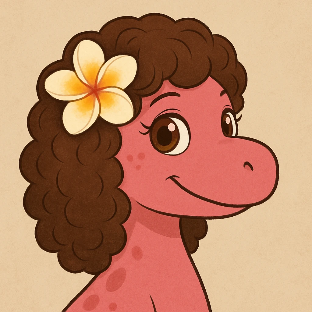 pink dinosaur with brown curly hair, a Hawaiian flower in her hair, and brown eyes emoji