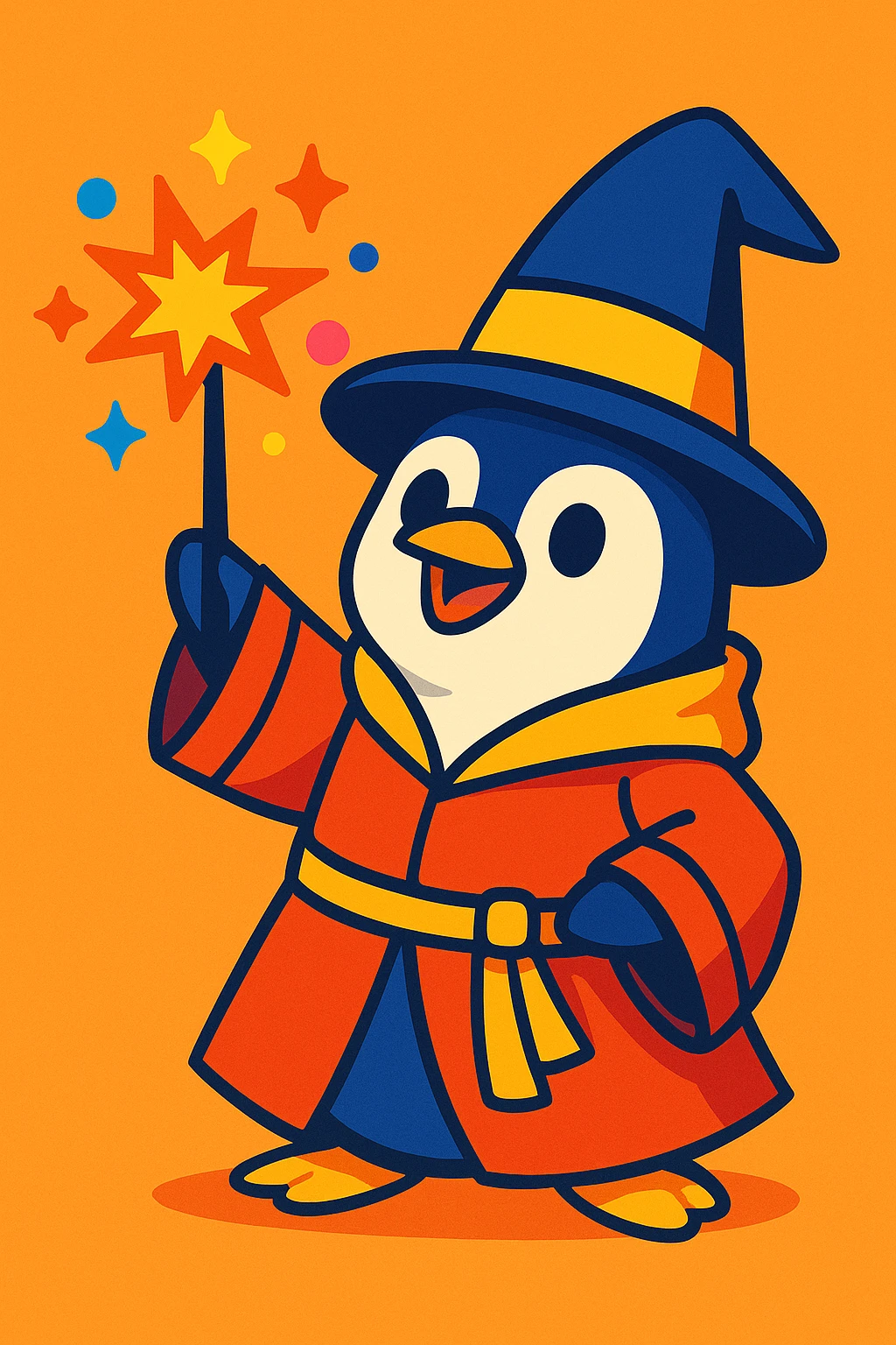 cute penguin wizard casting a spell, wearing a robe and holding a wand, colorful cartoon style, vibrant toon illustration emoji