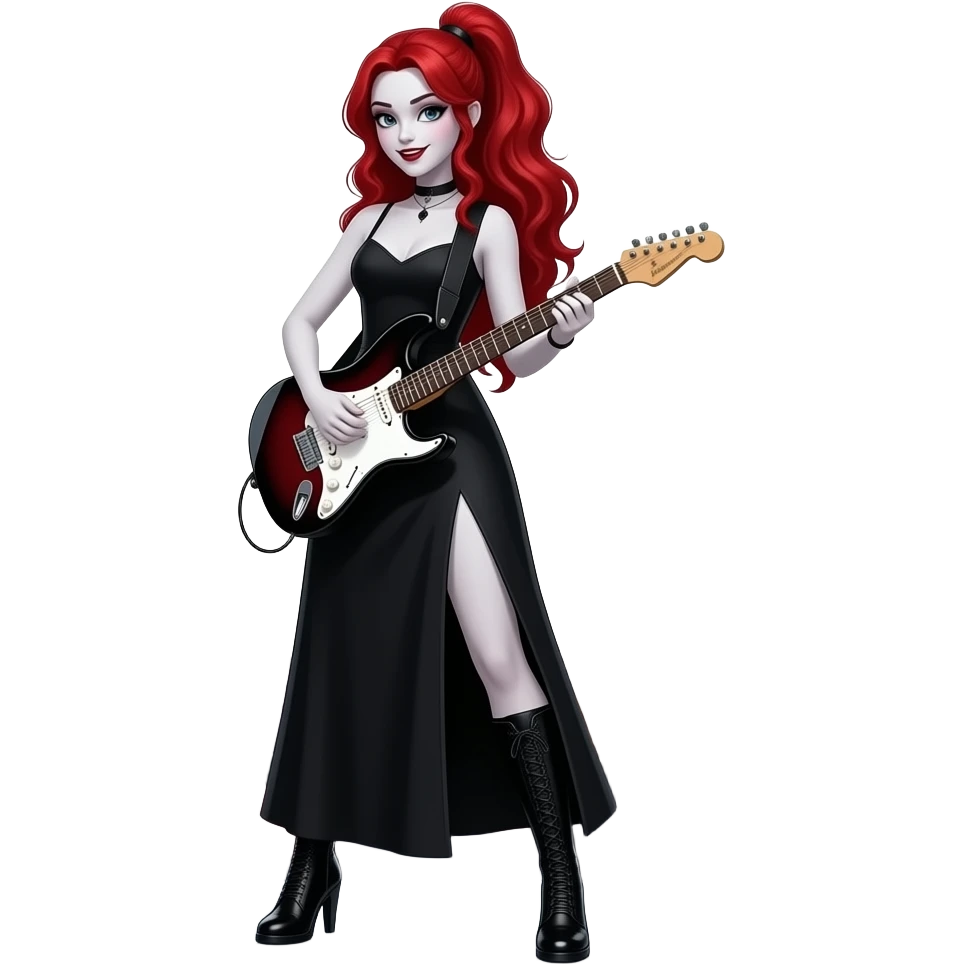 Vampiro femmina ADOLESCENTE con pelle bianca e capelli rosso ondulati lunghi raccolti in una mezza coda che indossa un vestito  lungo fino ai piedi nero e stivali lunghi con tacco neri che sta suonando una chitarra SU un PALCO, DAVANTI ai fan VAMPIRI emoji