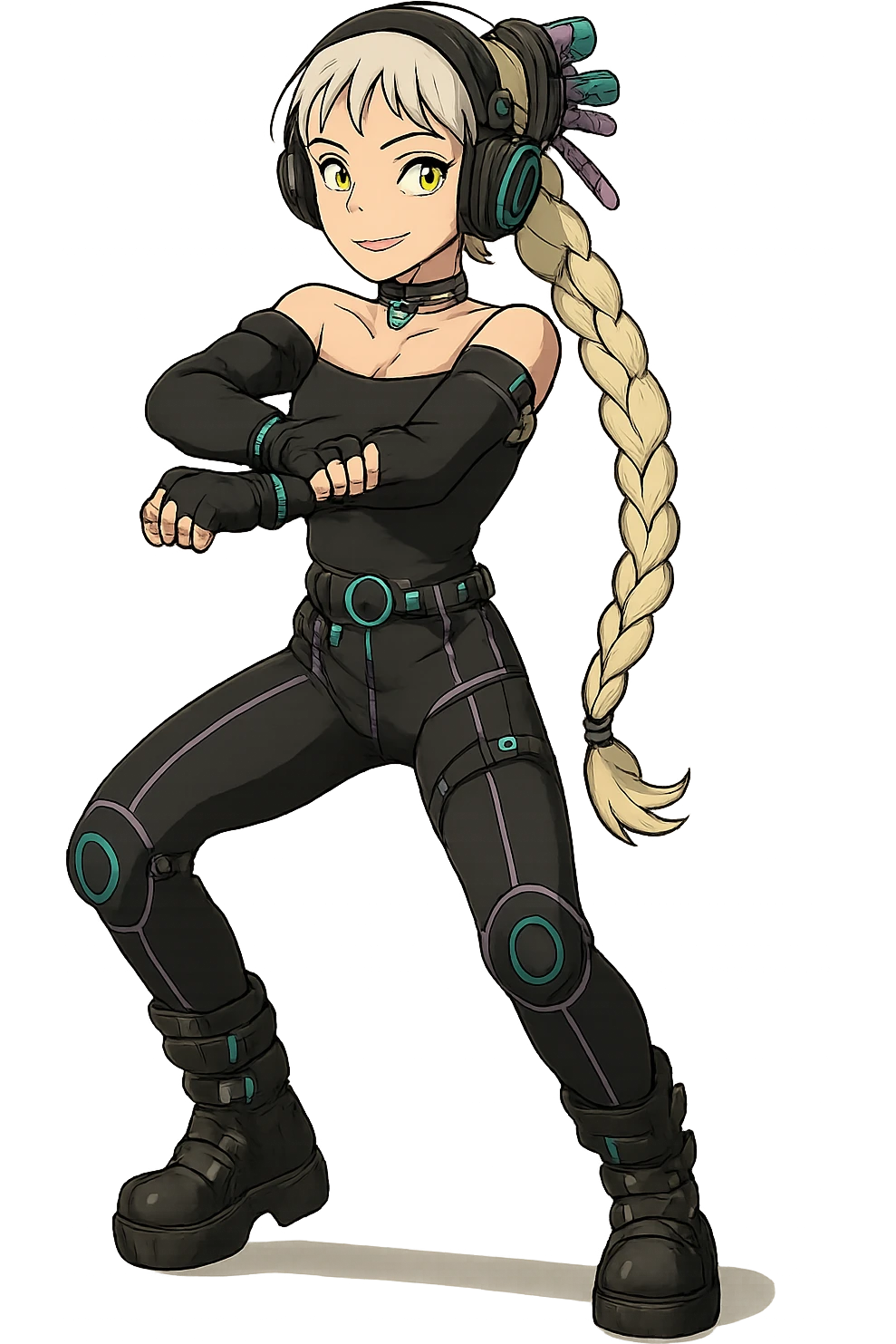 1 female, gold yellow eyes, long white braid, black off shoulder top, futurepunk cybergoth doing “oppa gangnam style”  dance emoji