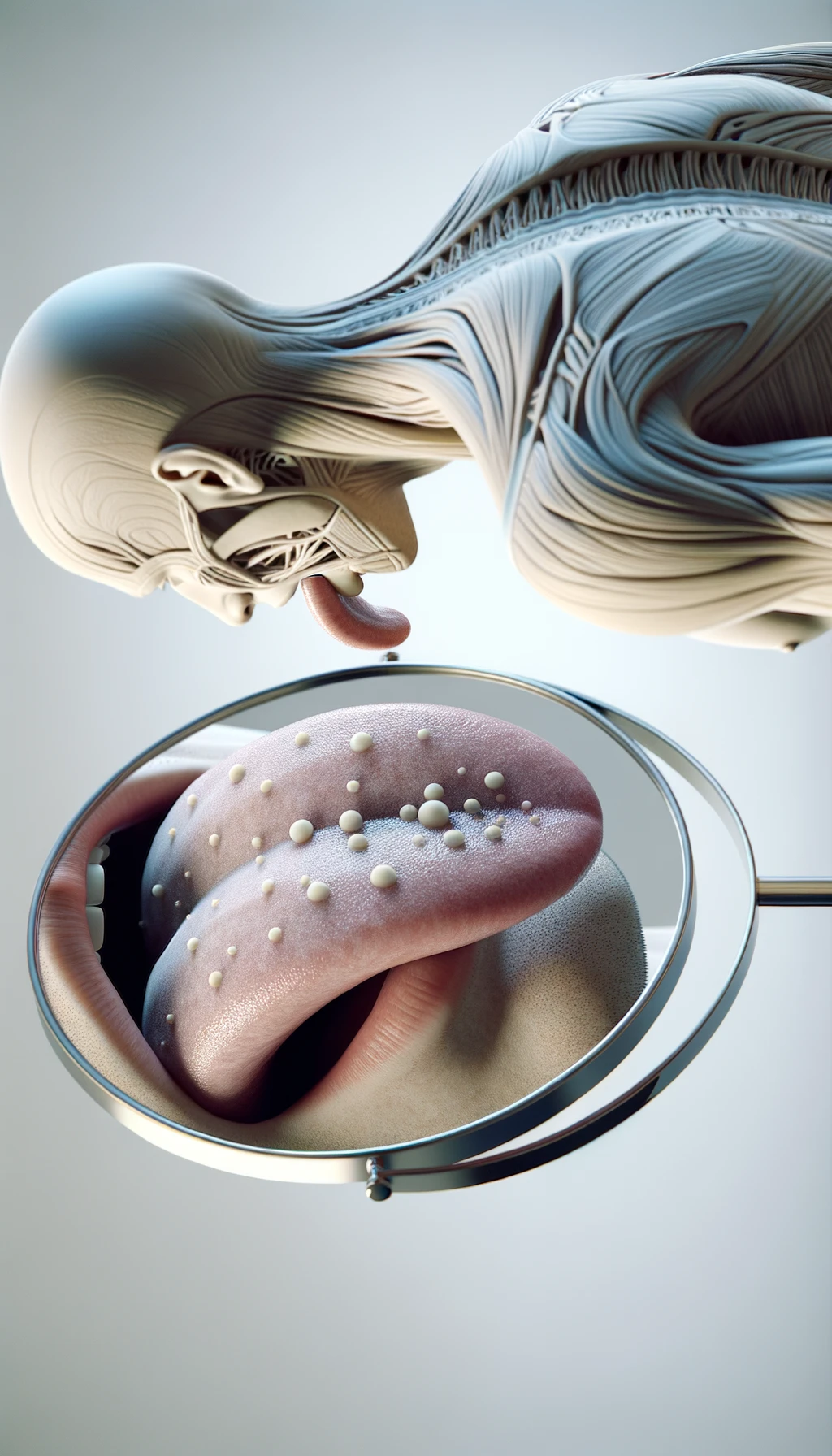 CORPO UMANO ANATOMICO IN PIEDI  A FIGURA INTERA CHE SI GUARDA LA LINGUA ALLO SPECCHIO , TIENE LA LINGUA FUORI E LA LINGUA è PIENA DI MACCHIE BIANCASTRE, NEUTRAL CLEAR BACKGROUND, iperrealistico 4k emoji