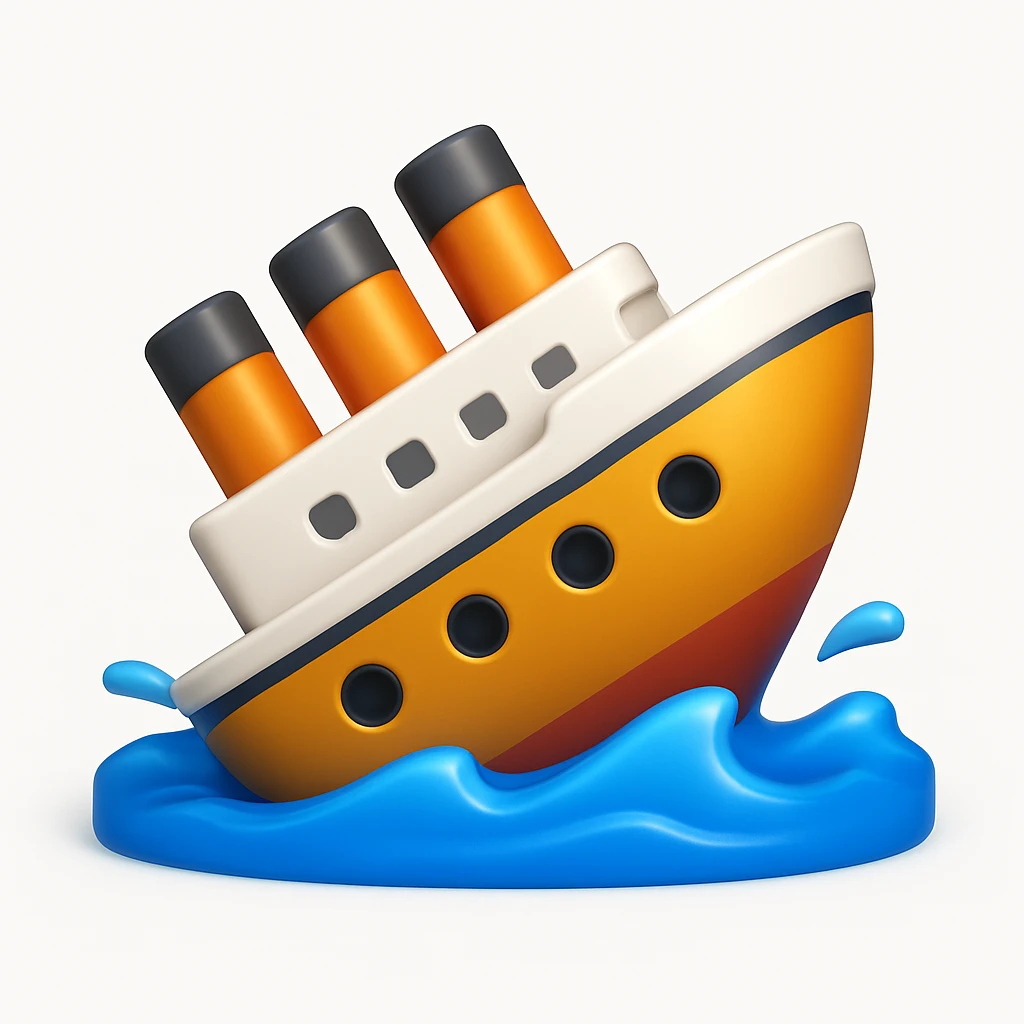 A 3D emoji in iOS emoji aesthetic style of a sinking ship, half-submerged in blue ocean water, tilted downward with small waves around, soft lighting and glossy Apple-style finish, clean white background.


 emoji
