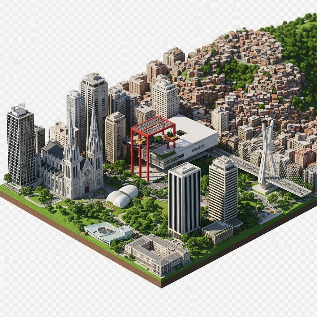 Isometric miniature of São Paulo Catedral da Sé, MASP on red pillars, Octávio Frias Bridge, and Altino Arantes building, favelas on hillsides, dense chaotic urban blocks, and green parks 3D miniature effect and Tilt Shift effect, no cartoonish look, transparent background. emoji