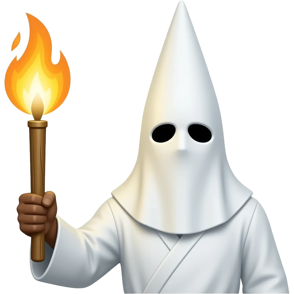 A KKK member holding a torch wearing a pointy white hood and a white robe emoji