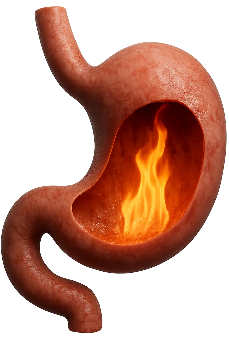 stomaco umano anatomico  con fiamma che brucia all'interno, iperrealistico 4k emoji