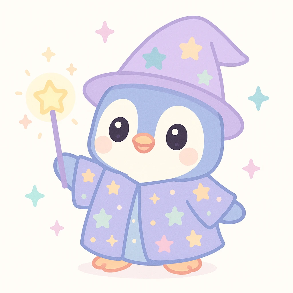 cute penguin wizard with a starry robe and a glowing wand, magical sparkles around, adorable and enchanting emoji