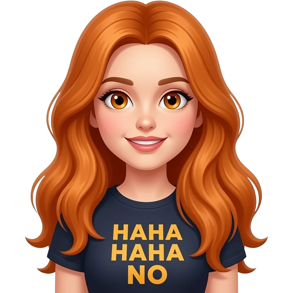 sexy girl with overlong ginger hair and ginger eyes a top with HAHA HAHA NO written on it emoji