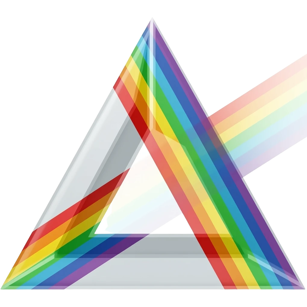 Emoji minimalista sin fondo: triángulo blanco tipo prisma, rayo blanco entrando y saliendo como arcoíris brillante, estilo iOS, limpio y centrado.” emoji