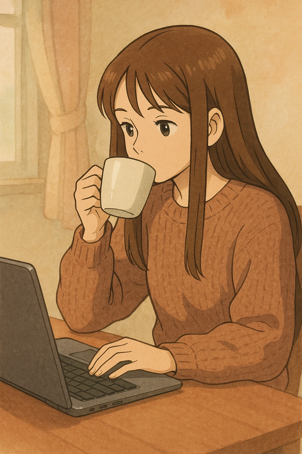 young 20-year-old woman with long straight brown hair, wearing a sweater, drinking coffee and working on a laptop, ghibli style, soft background emoji