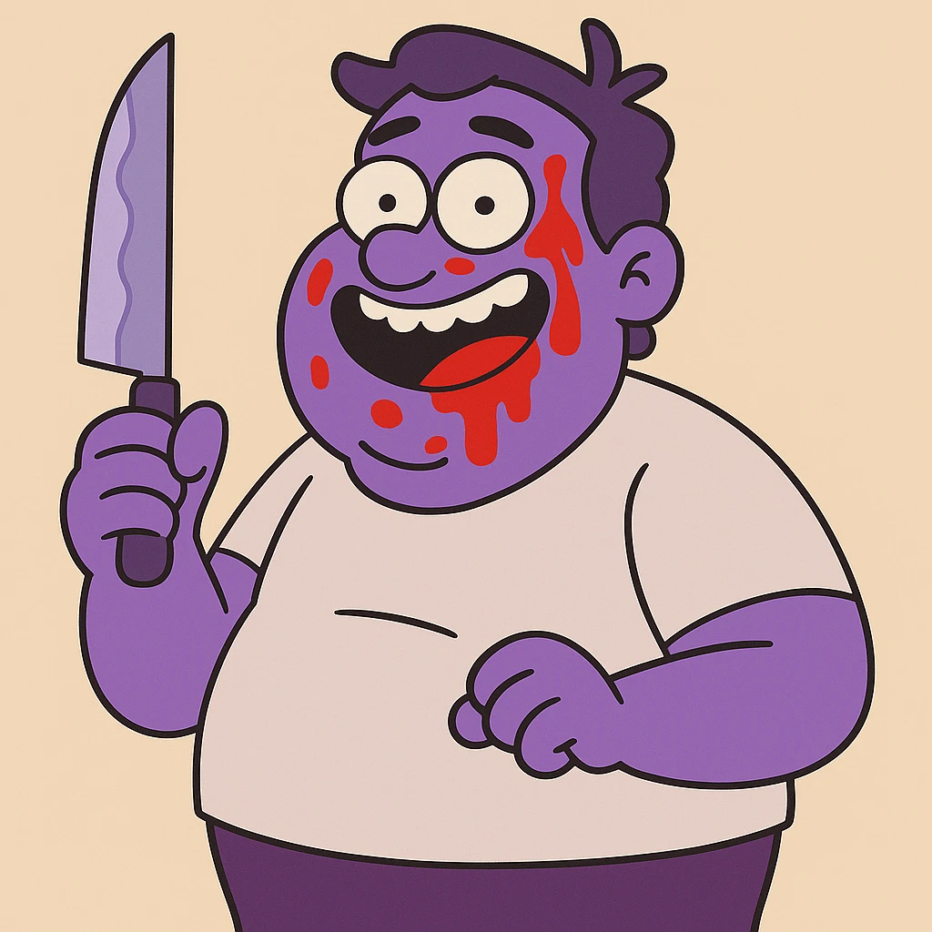 Edit the image of a man to have purple skin, keep everything else as in the original, comic style, holding a knife, ketchup on the face, friendly expression, simple background. emoji