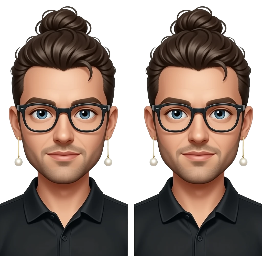 Men with a Messy bun and glasses, long earing with white pearl and black polo emoji