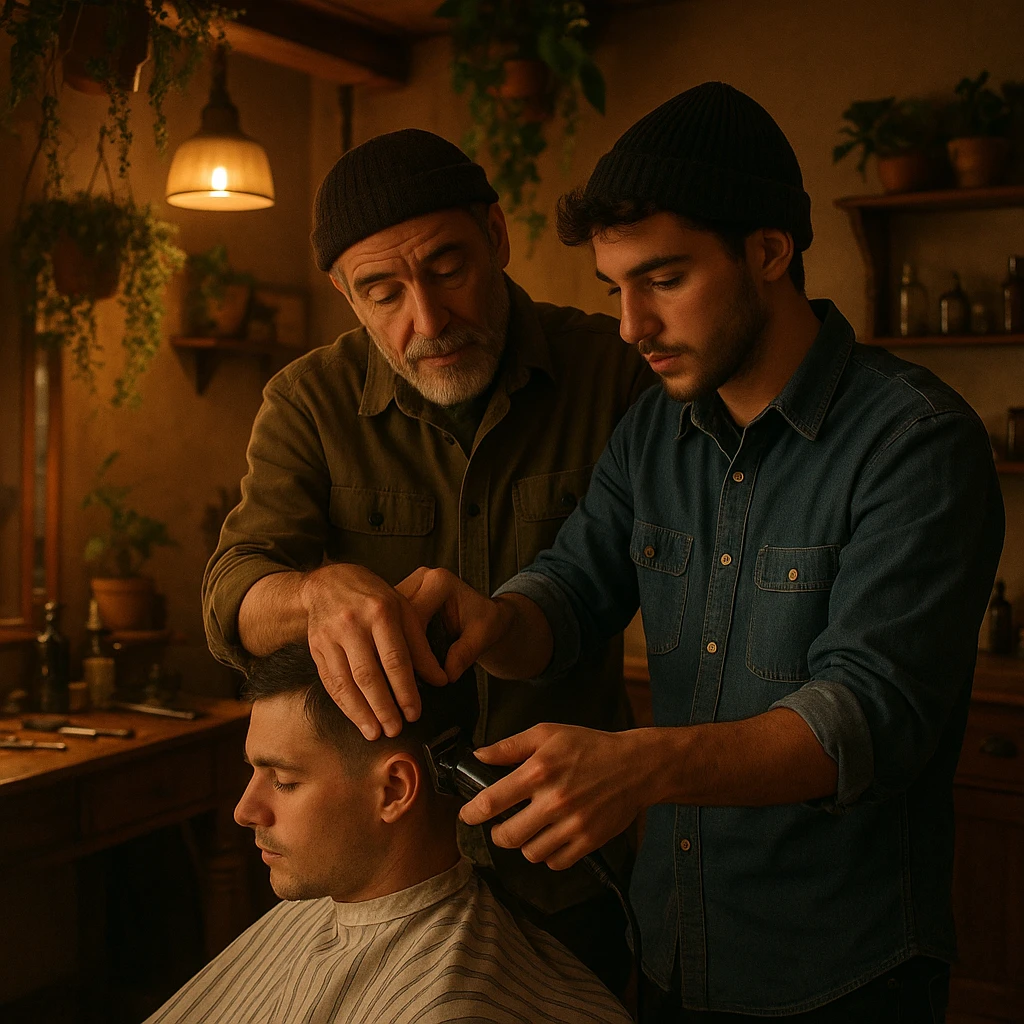 Inside a cozy barbershop with soft lighting, an experienced barber gently teaches his apprentice, guiding his hands as they cut hair together. The room is filled with warmth, plants hanging from the ceiling, and the hum of clippers emoji