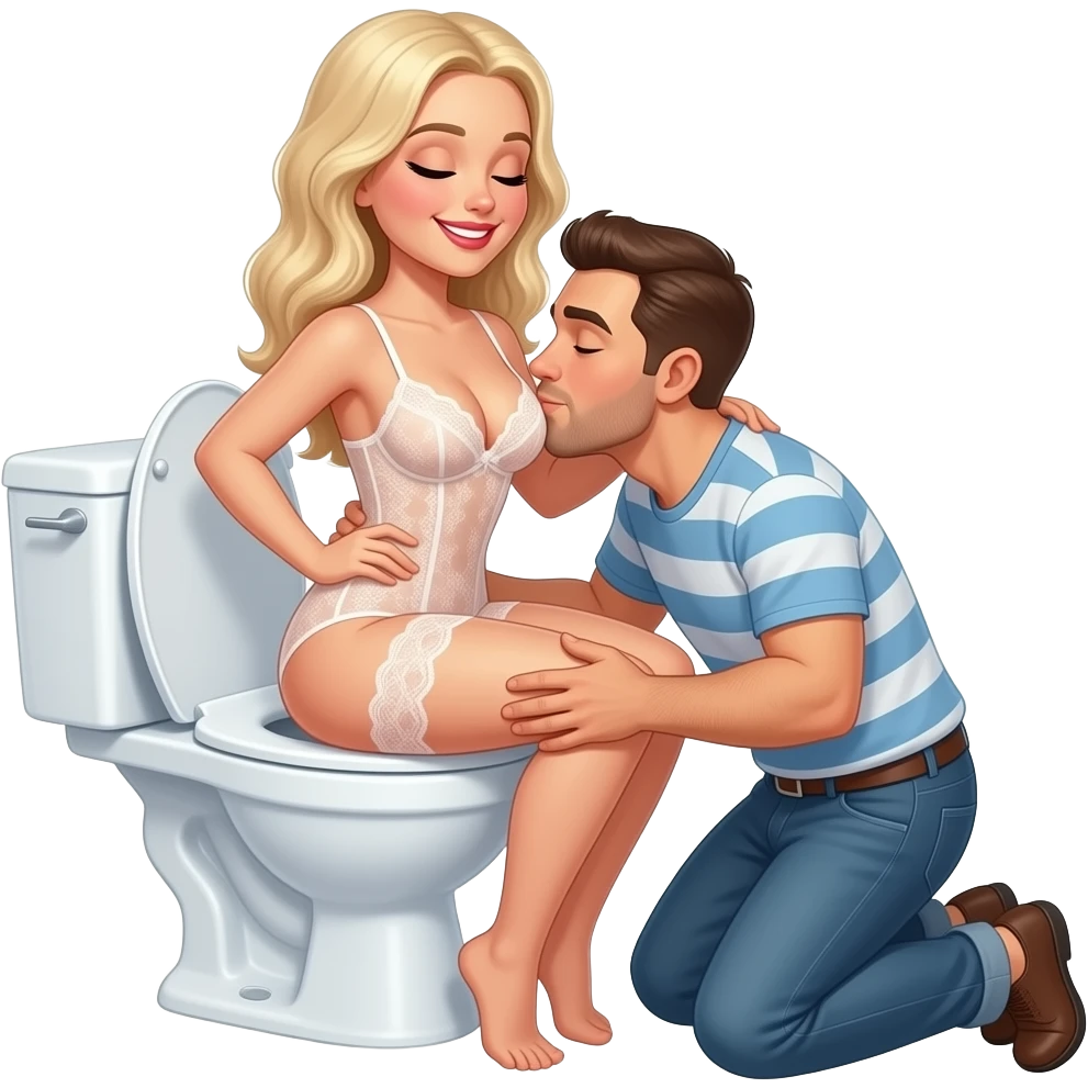 White blonde woman in lingerie sits backwards on open toilet holding her butt open while man knees behind her kissing her butt. Eyes closed smiling emoji