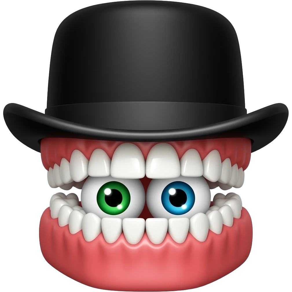 Set of dentures with red gums, eyes placed within the jaw, one green eye, one blue eye, wearing a black top hat emoji