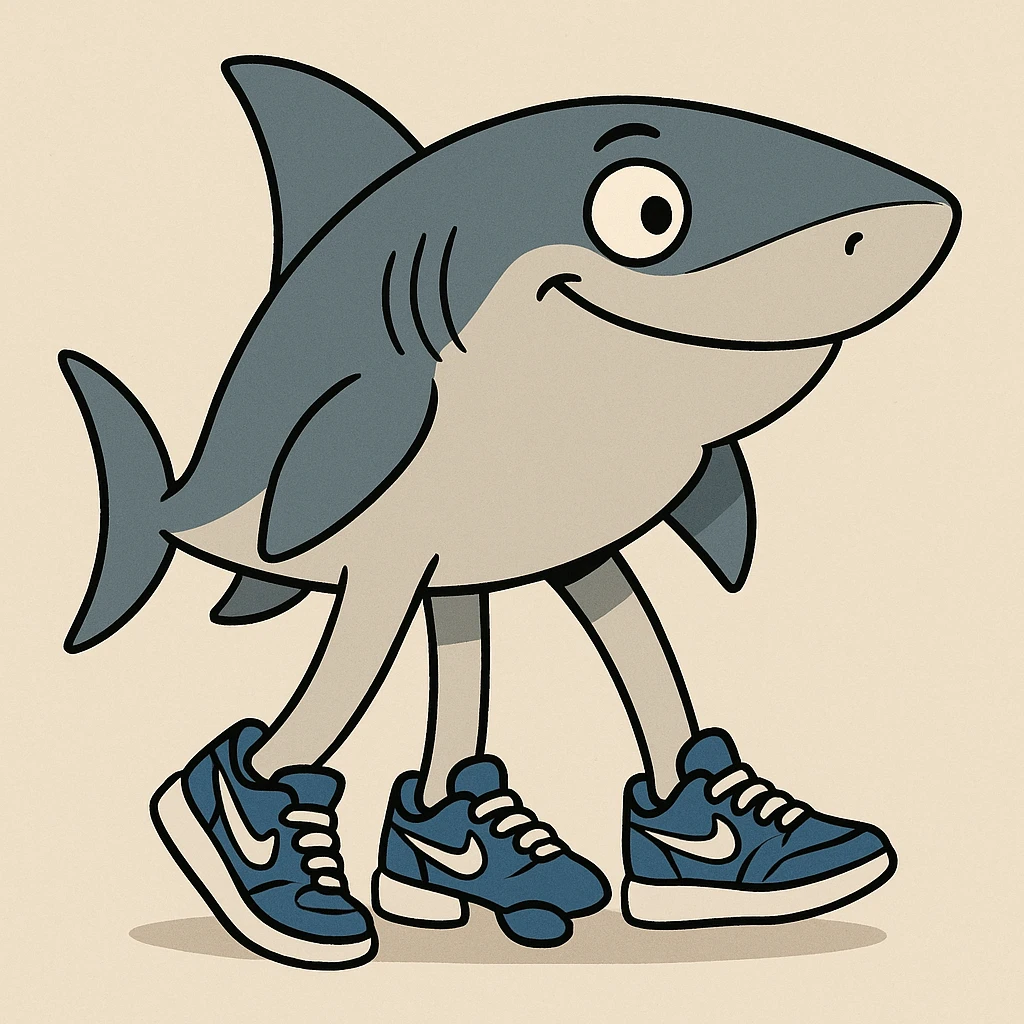 a shark with three legs, last leg near the back fin, wearing blue Nike shoes, closed mouth, cartoon style emoji