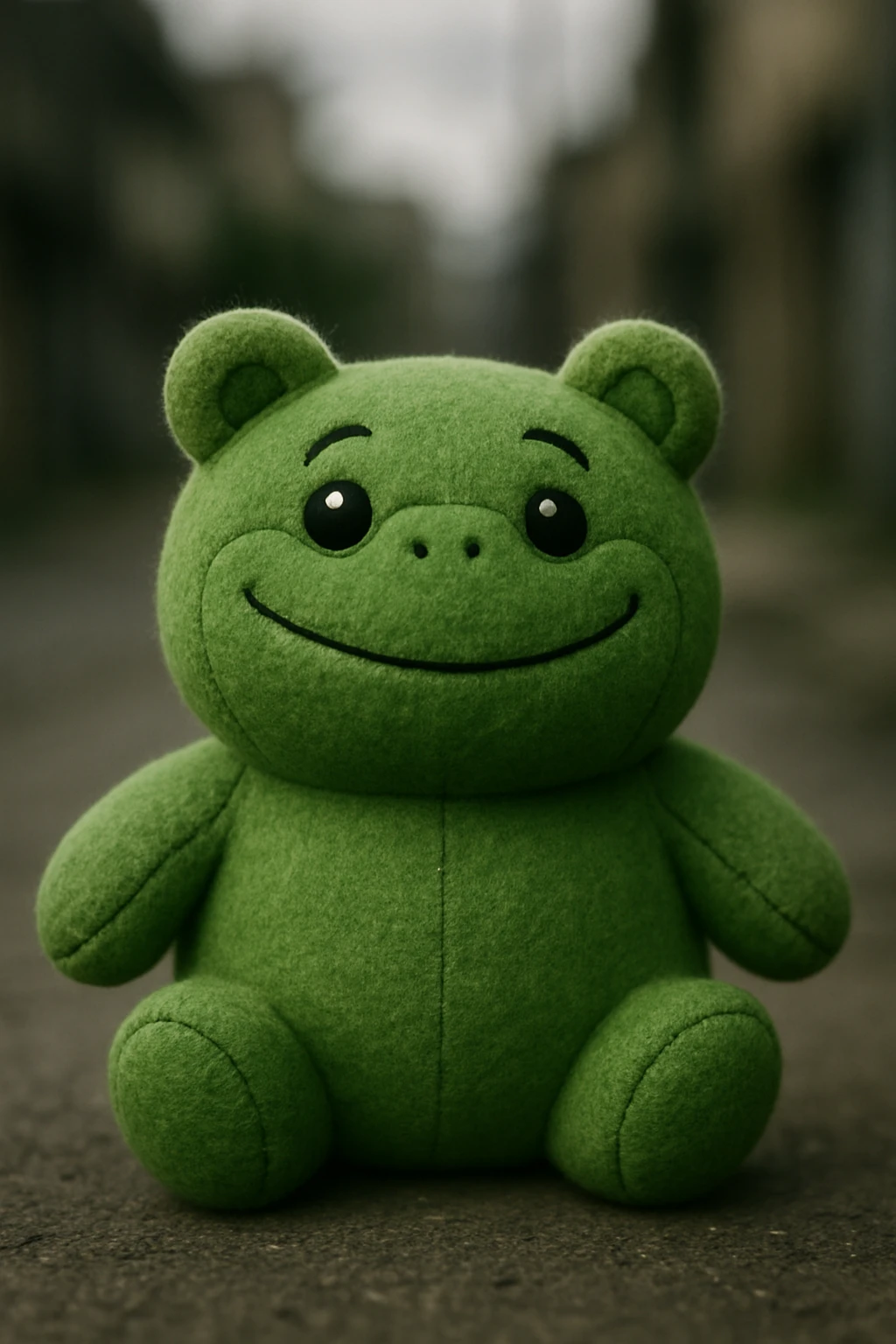 green plushie with a teddy bear-shaped body and a frog's face, round and huggable, with stitched details emoji