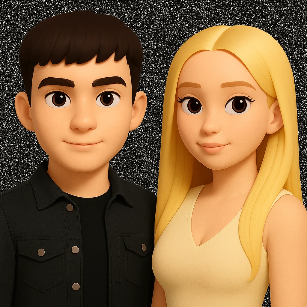 Slightly increase the volume of the upper body of the girl, significantly spread them apart from each other, make the skin color the same for both characters, keep the cartoonish 3D style as in the reference image. emoji