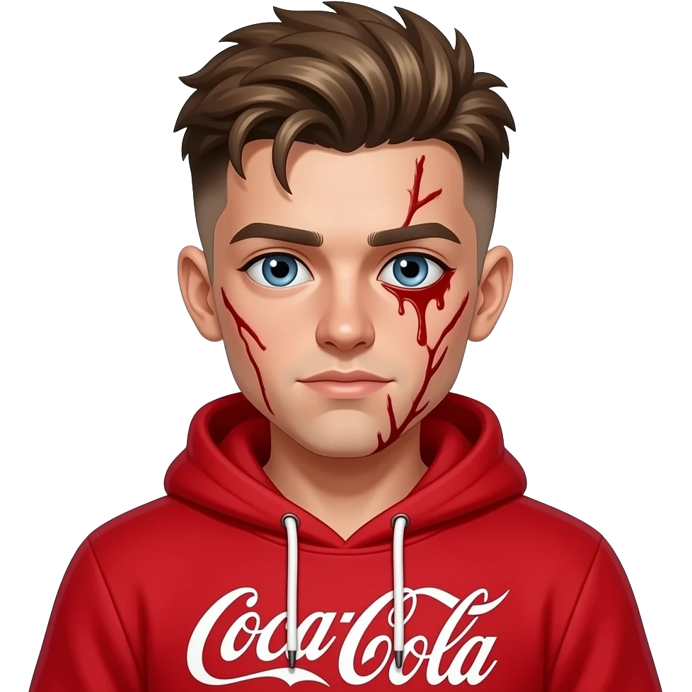 bloody vein eyes young man with taper fade + messy fringe wearing coca coka hoodir emoji