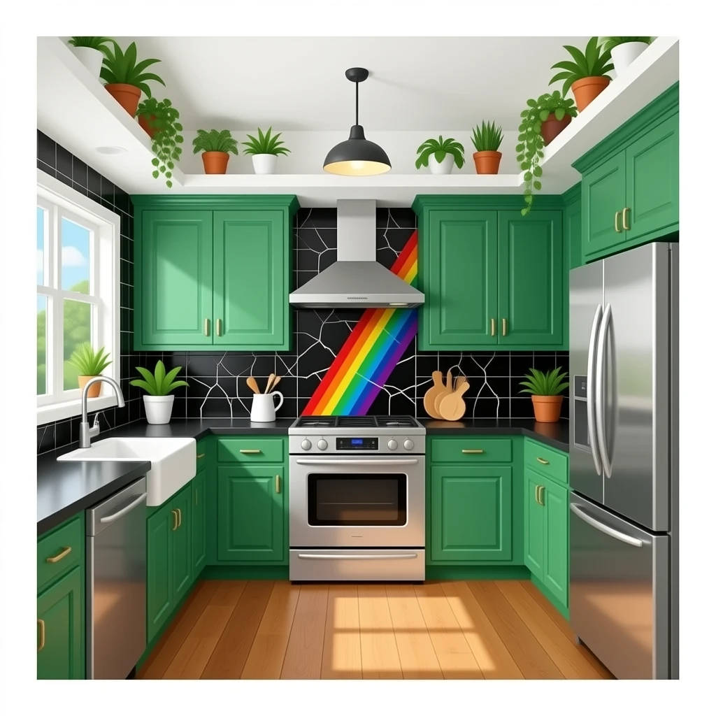 fancy kitchen with black wall tiles that have rainbow cracks, kelly Green cabinets, black countertops, wood floors and decorative plants on the ceiling emoji