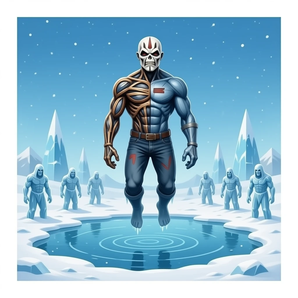 iron maiden eddie mascot - deformed upper body hovers over frozen landscape - a Gustave Doré piece, depicting traitors frozen in a lake of ice in the ninth circle of Dante's Inferno emoji