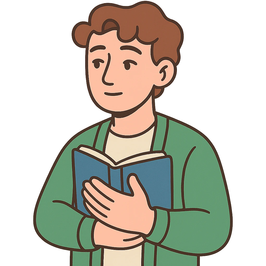 Calm and thoughtful male confidant, fair skin, soft wavy brown hair, gentle eyes, wearing a green cardigan over a light shirt, holding an open journal close to chest, waist-up, front-facing, pure background emoji