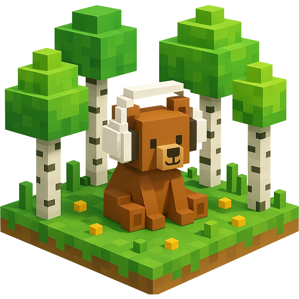 березовый лес, в котором сидит бурый медвежонок в белых наушниках (наушники должны закрывать уши медведя), no background  emoji