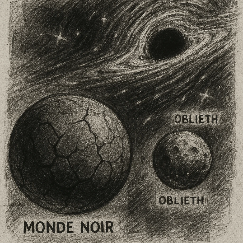 hand drawn map of dark back ward -“A dark cosmic region orbiting a massive black hole. No sunlight. A dead solar system with twisted planets and moons circling in silence. Monde Noir looms in the foreground — a cracked, obsidian planet with no atmosphere. Its moon, Oblieth, floats nearby, scarred and pitted, with faint green lights glowing from within cave openings. Stars are distorted and streaked by gravitational lensing. The entire scene is heavy, quiet, and surreal.” emoji