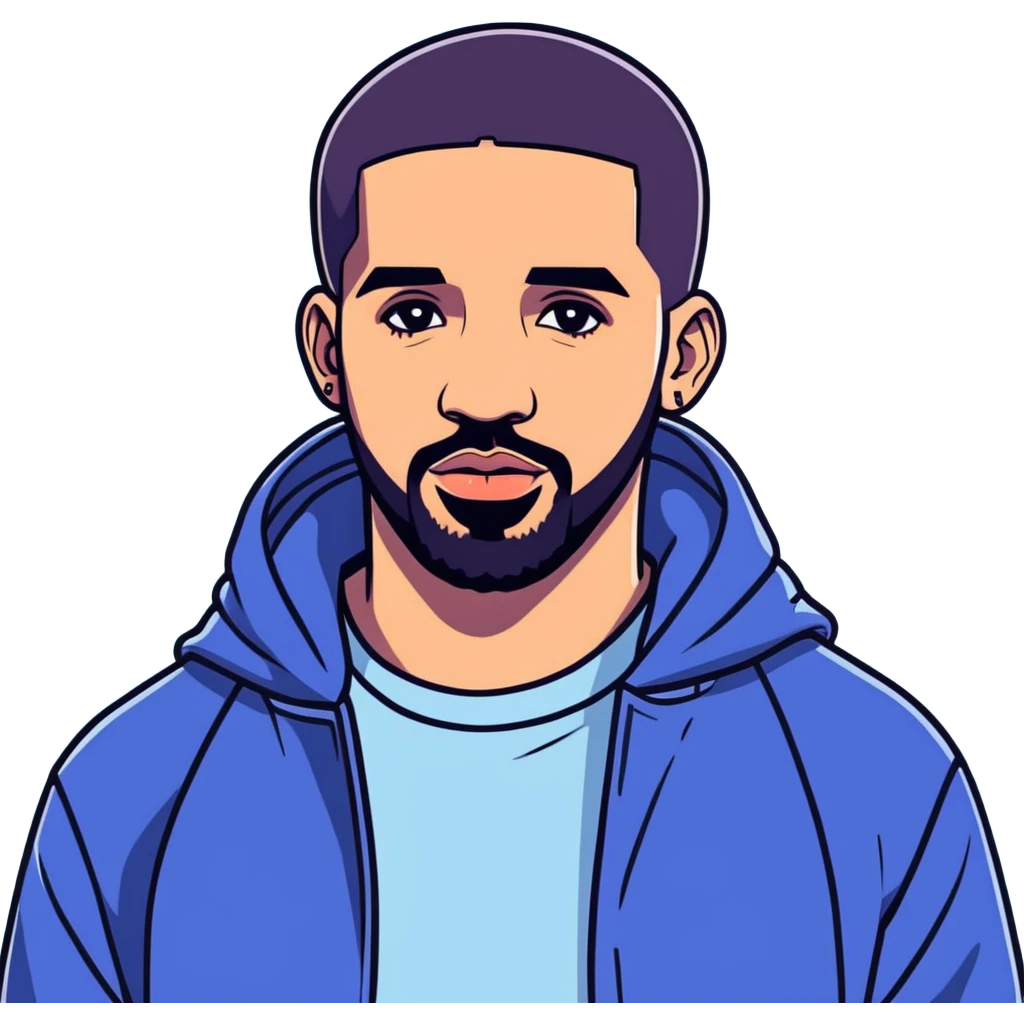 8k, 5000x5000px, 1.5wx1.5h, clean, smooth lines, no background. Canadian Celebrity, actor, rapper, digital illustration of Drake emoji