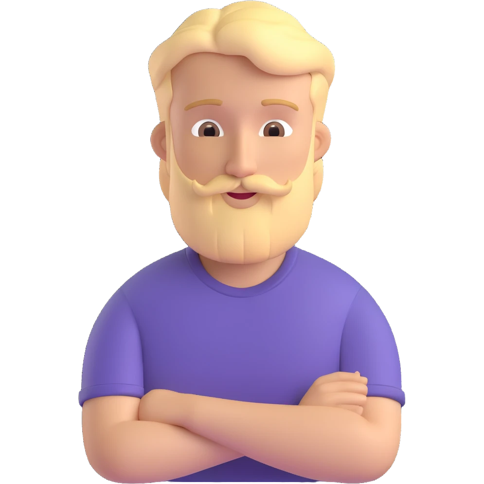blonde man with a beard, wearing a t-shirt, friendly look emoji