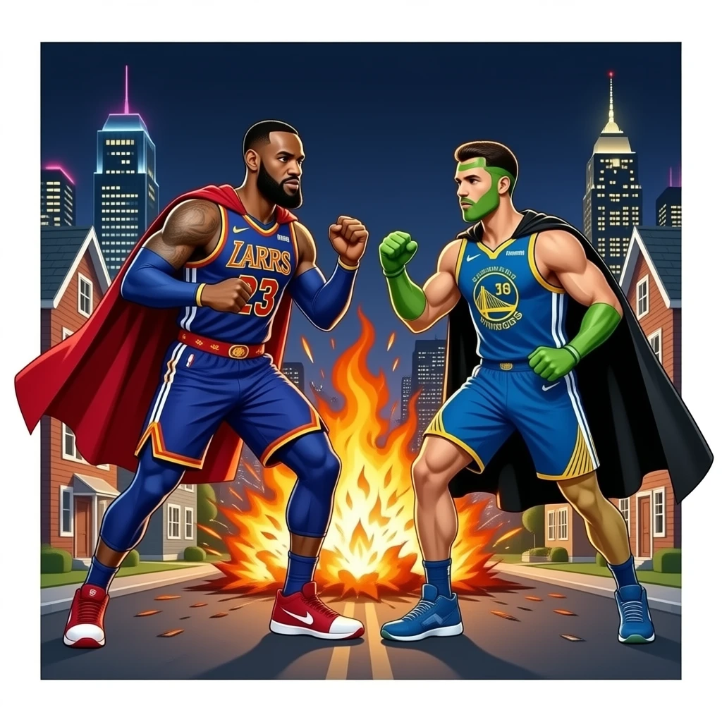 lebron james with insane superpowers fighting steph curry whos a super villain in a city while houses are exploding emoji