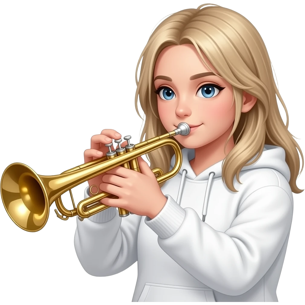 white girl with blonde hair messy straight  dirty blonde hair playing trumpet with a white hoodie on emoji