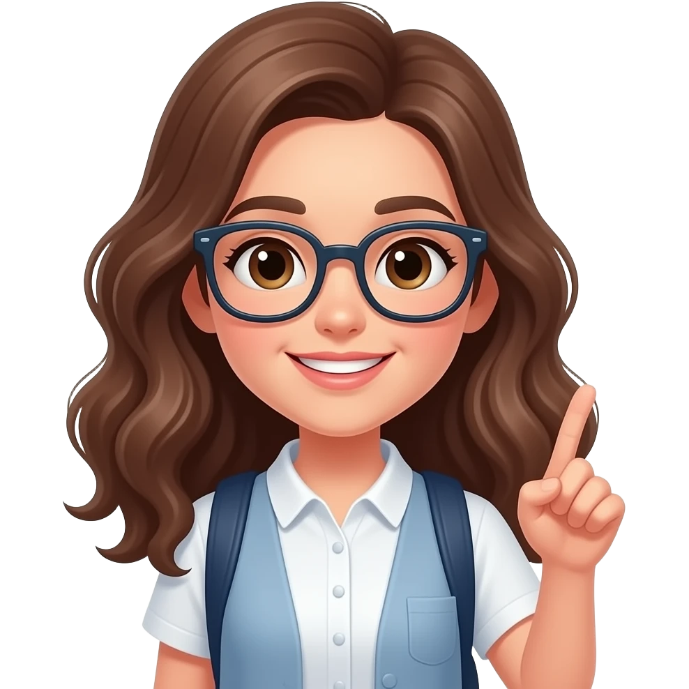 chica estudiante con pelo ondulado cafe con lentes señalado algo emoji